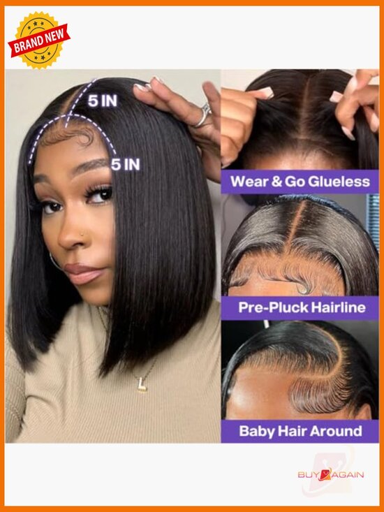 Glueless Bob Wig Human Hair 200% Density 5x5 HD Lace Closure